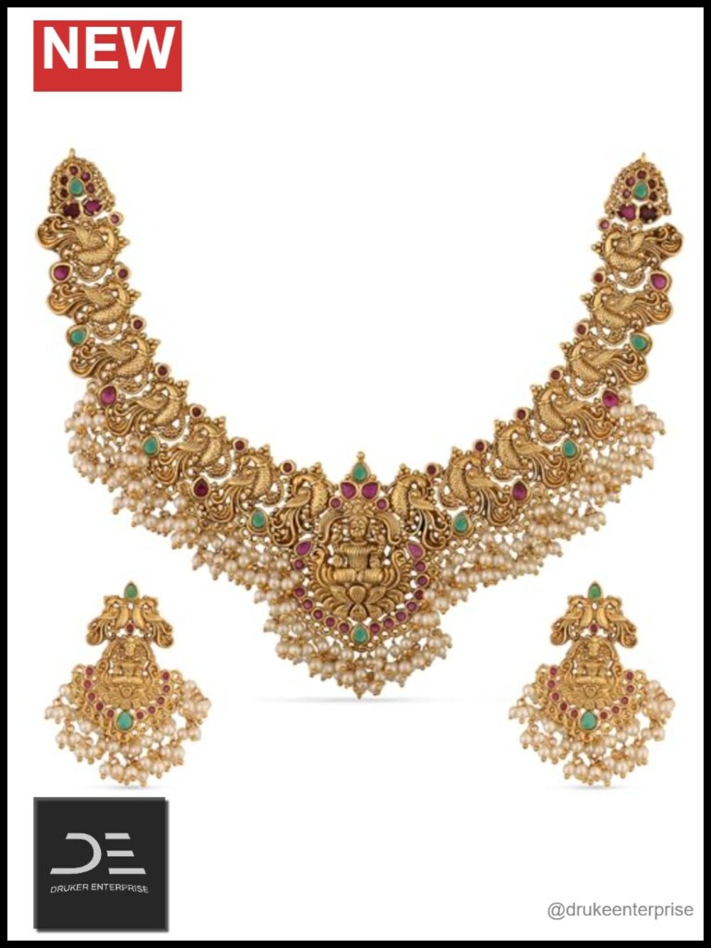 Antique Gold Plated Brass Floral Temple Jewelry Set with Earrings Necklace
